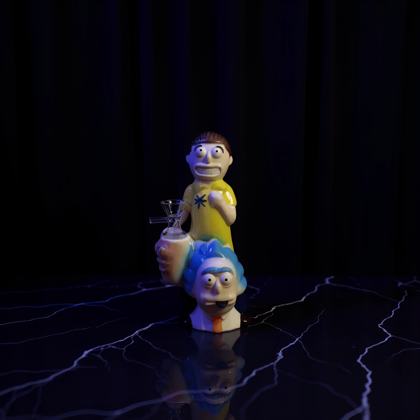 Morty Stack Ceramic Bong – Ceramic cartoon bong with Rick on bottom and Morty on top, glowing in bedroom lighting.