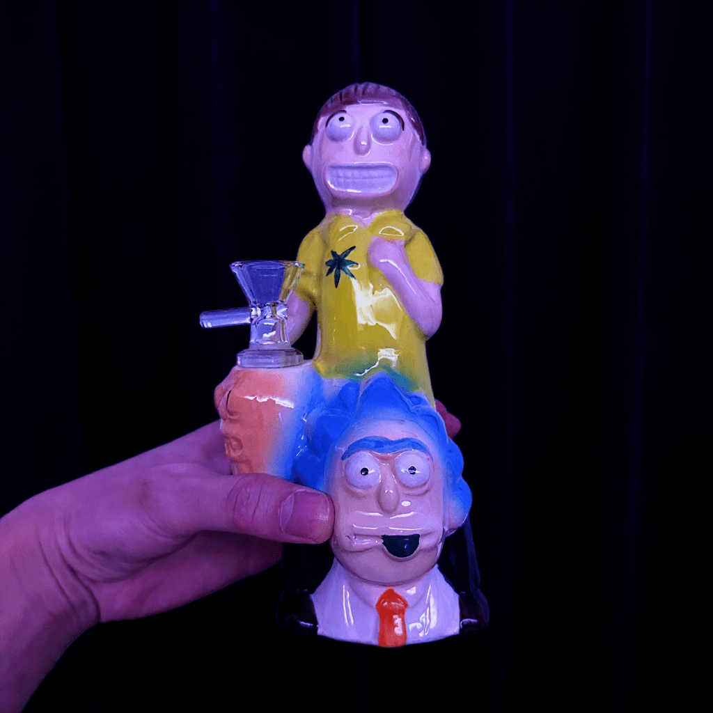 Morty Stack Ceramic Bong – 8.3"Close - up front view of a Rick and Morty - themed ceramic bong with bright yellow