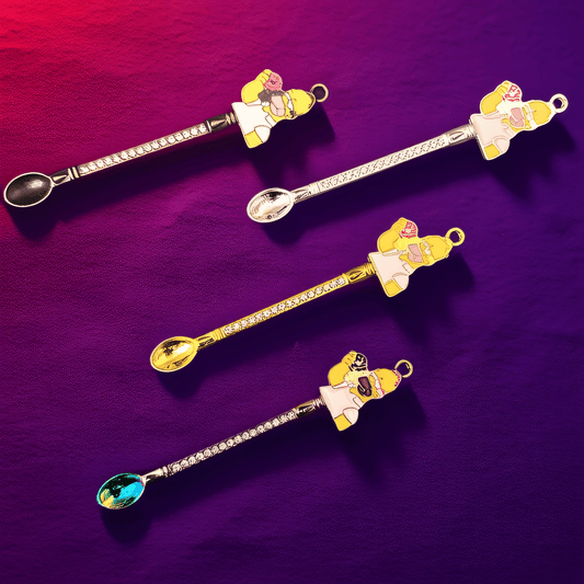 mini metal herb spoons with enamel donut guy handles and gemstone scoops – ideal for dry herbs, spices, or loose - leaf mix