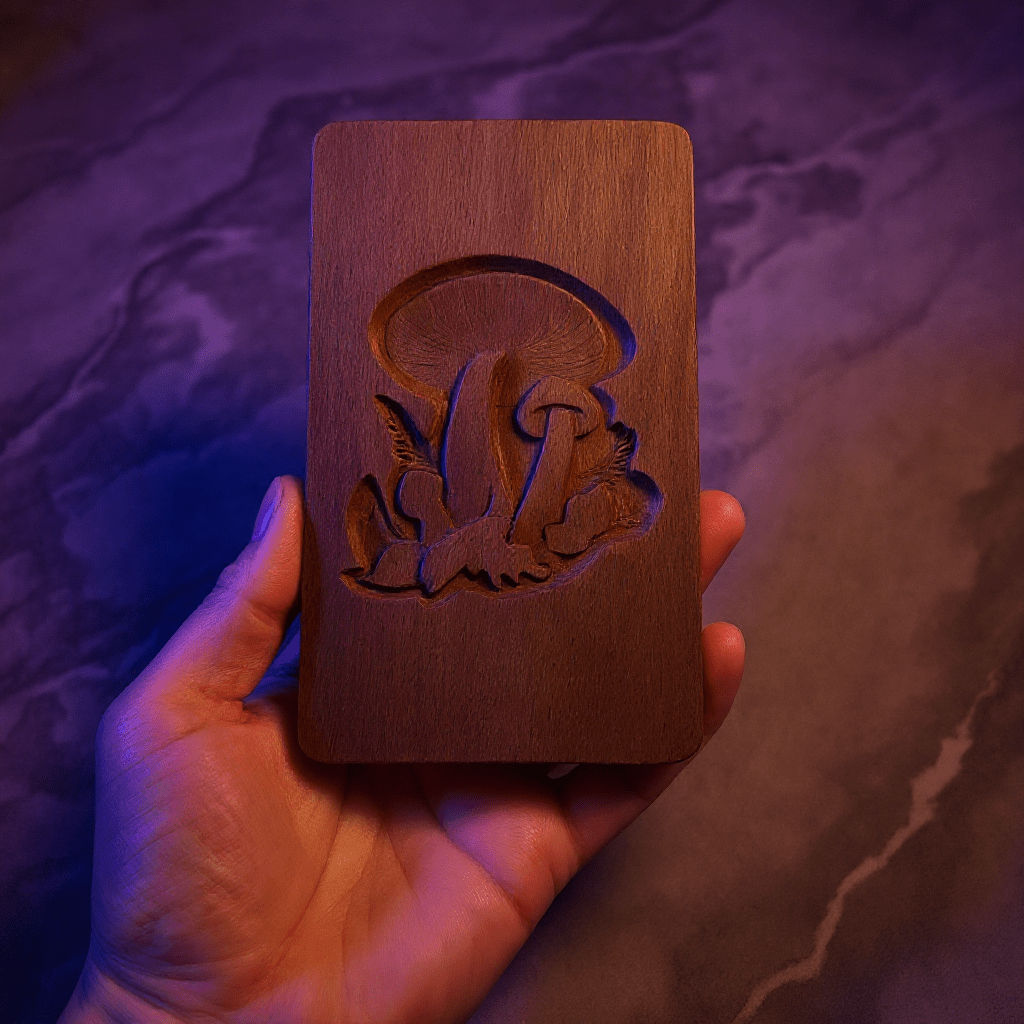 Mushroom Carved Wooden Tobacco Box – Psychedelic Herb Stash CaseWooden mushroom engraved box held in hand, warm lighting,