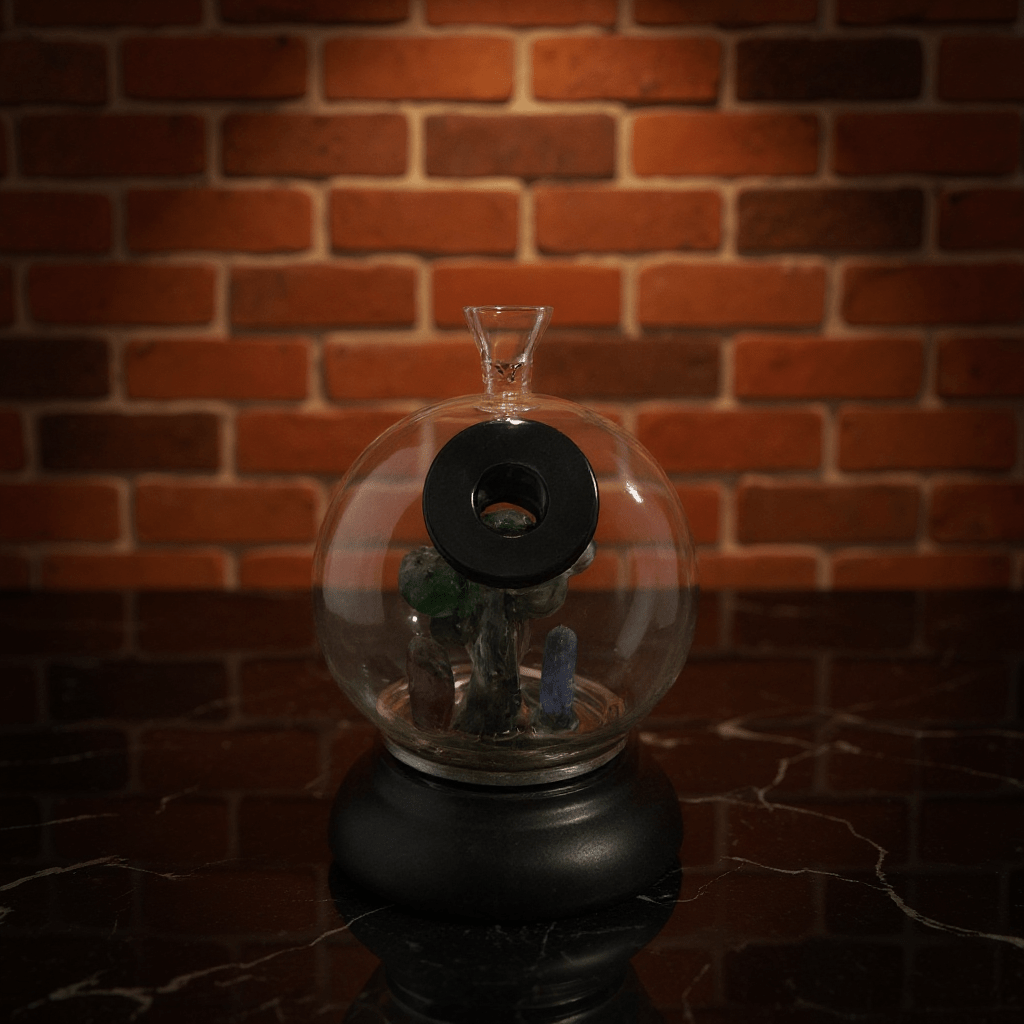 Mushroom Globe Bong - Glass bong with miniature scene on a black stand against a brick wall.