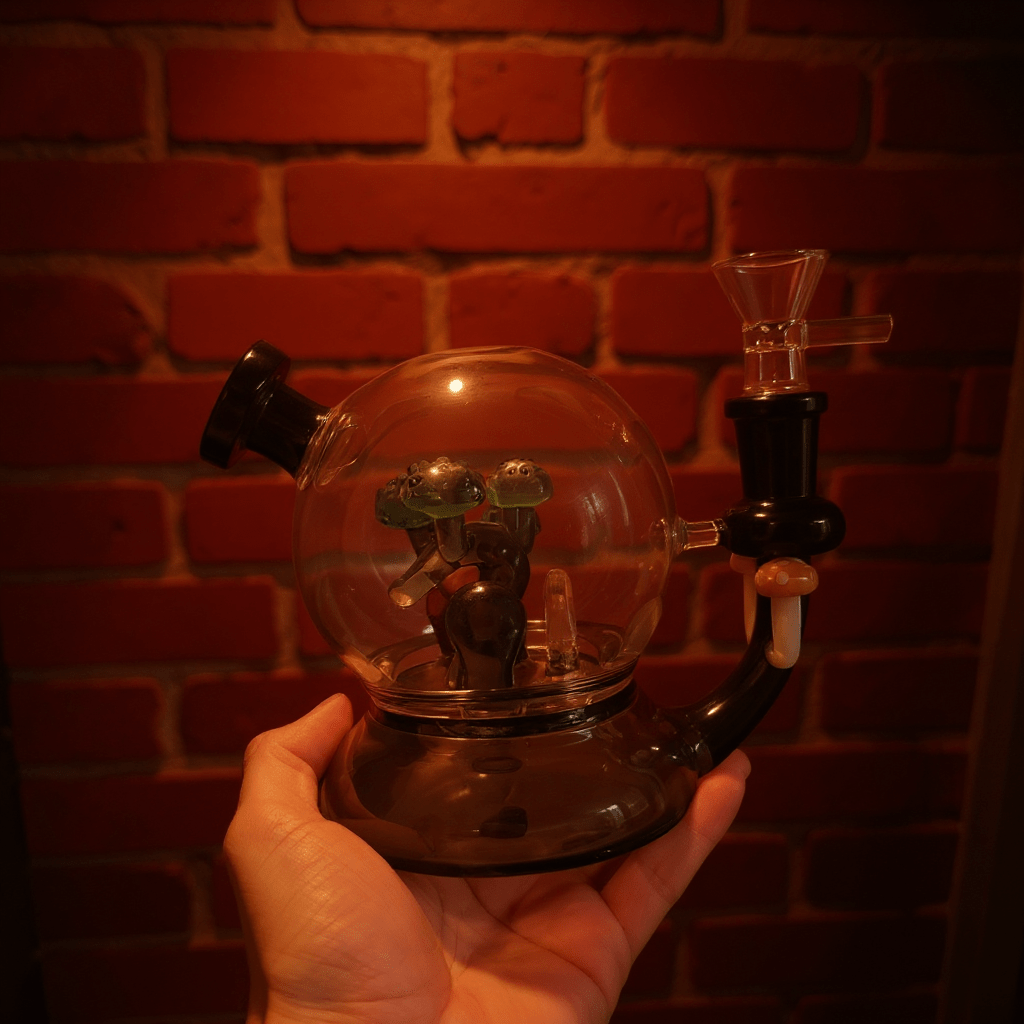 Mushroom Globe Bong - Glass smoking bong held in front of a brick wall