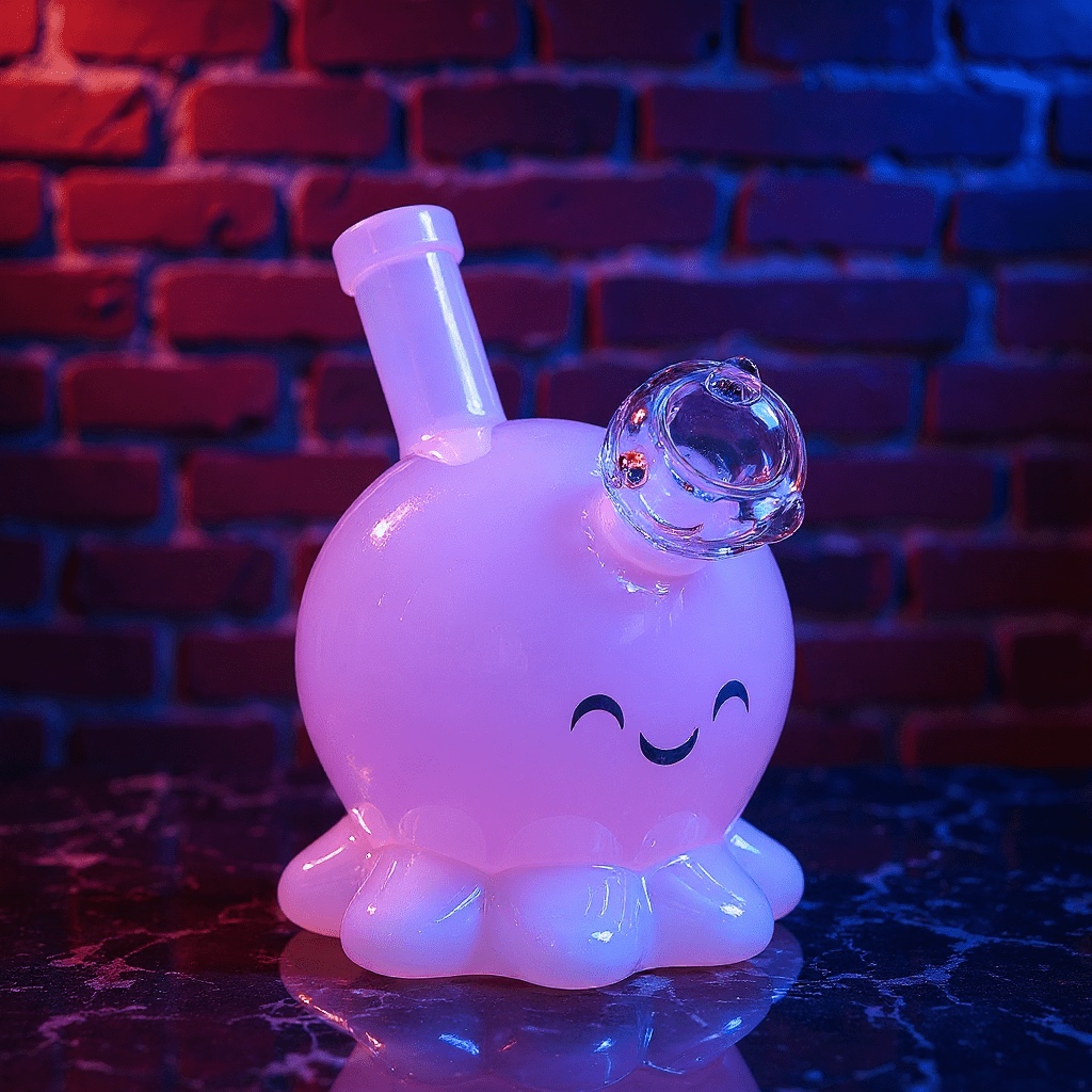 🐙 Octopus Bong - mini octopus glass bong for girlGlowing pink and clear octopus glass smoking bong with a face