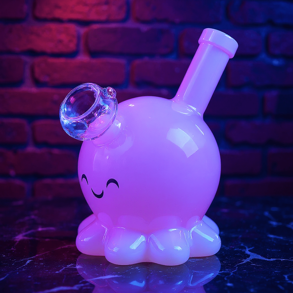 🐙 Octopus Bong - mini octopus glass bong for girlPink octopus - shaped bong with a smiley face on a reflective surface