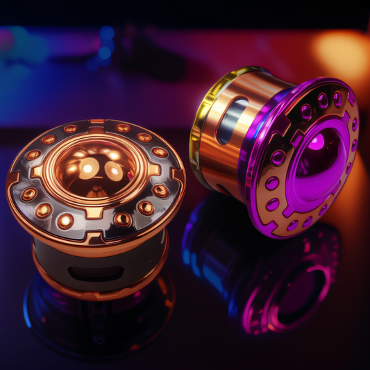 OrbitCrush UFO GrinderTop - down shot of two UFO grinders showing detail in design and metallic reflections.