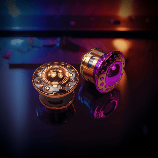 OrbitCrush UFO GrinderClose - up of vibrant purple and gold UFO grinder with etched metallic textures.