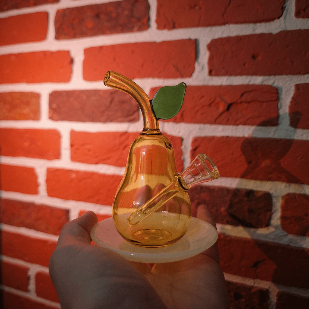 Pear Glass Bong – Mini Fruit Water Pipe with Bowl - Glass smoking bong shaped like a pear with a leaf on a white plate