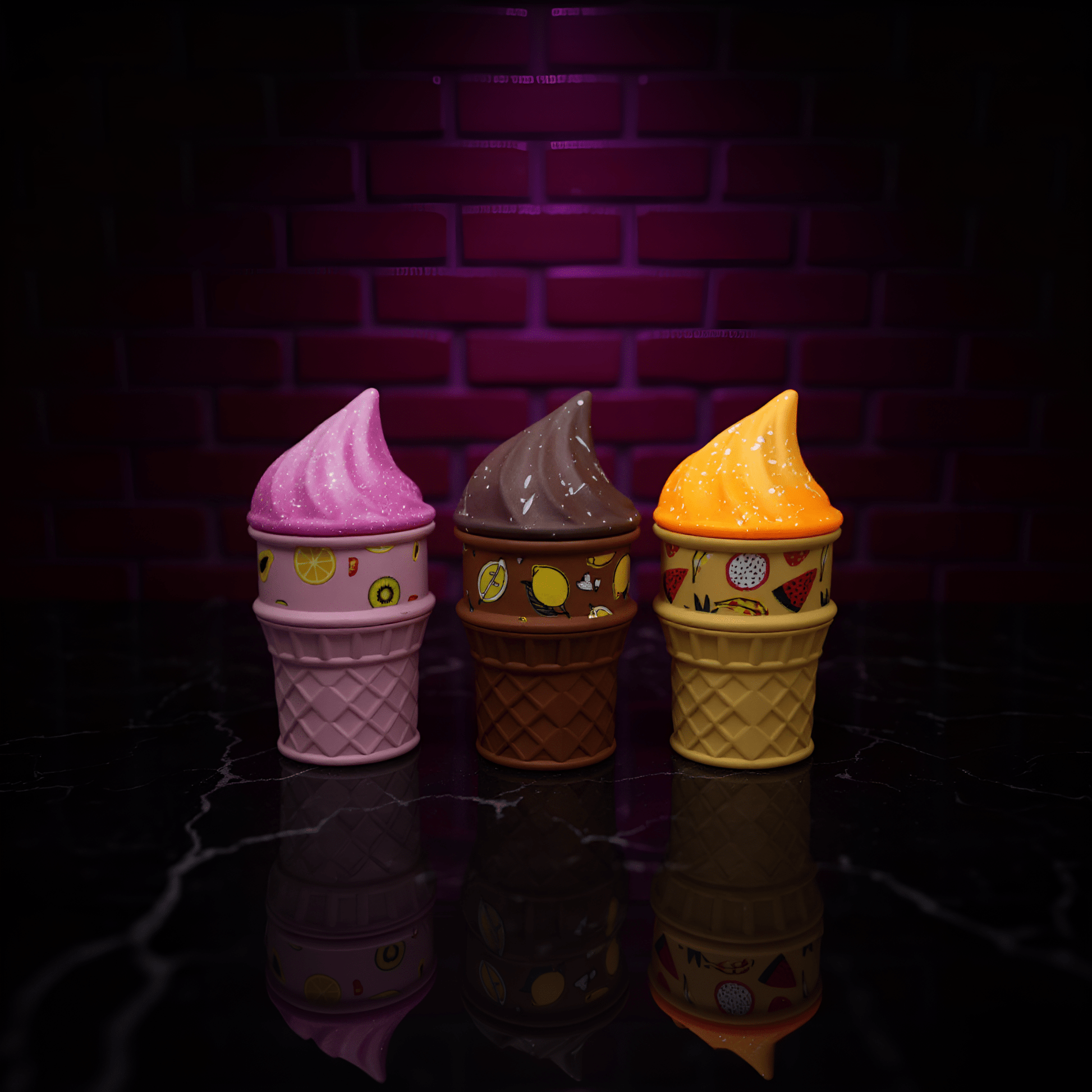 Three ice cream - shaped her grinder with colorful tops against a brick wall.