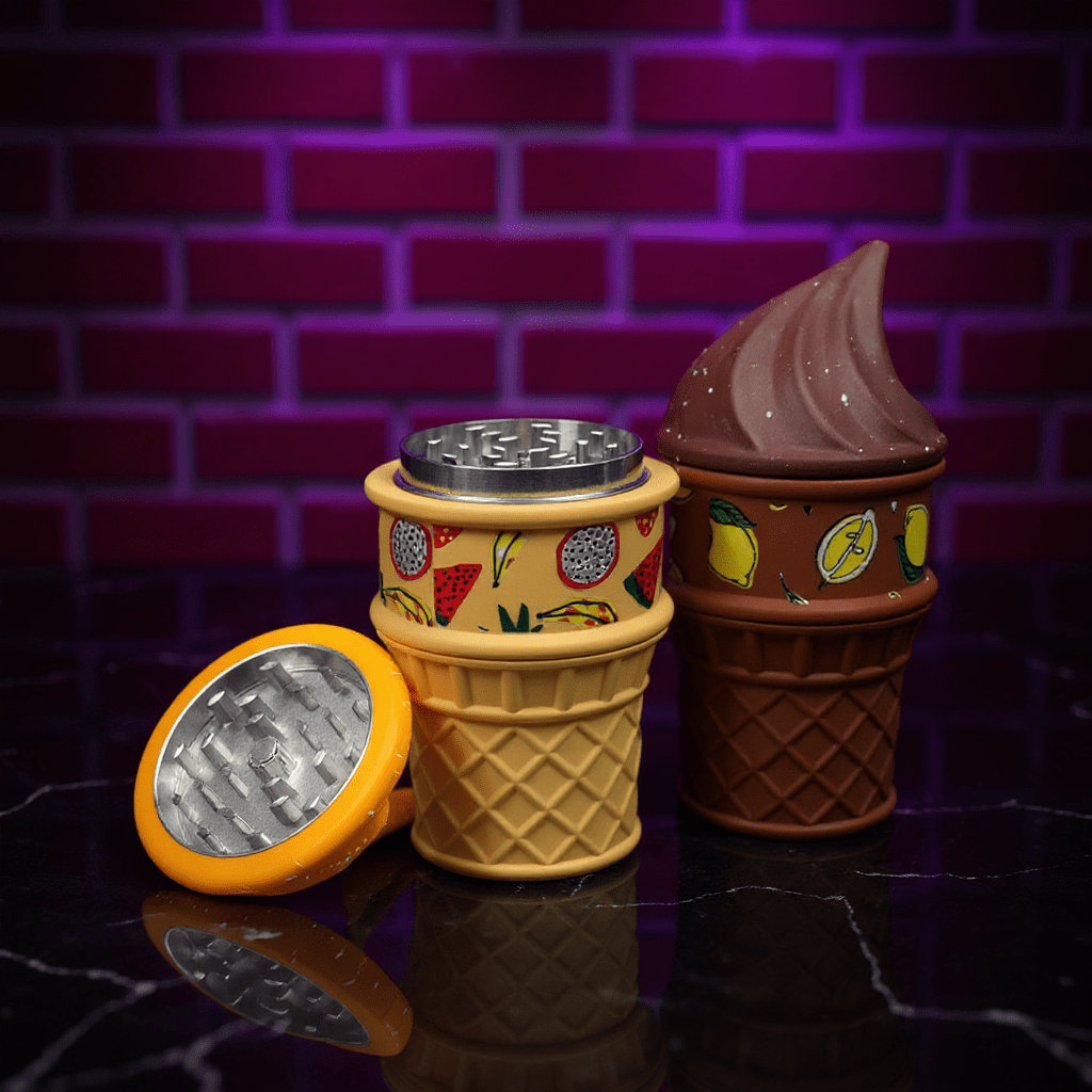 PlayCone Ice Cream Herb Grinder, Two cartoonish ice cream yellow and brown grinders, one partially disassembled.