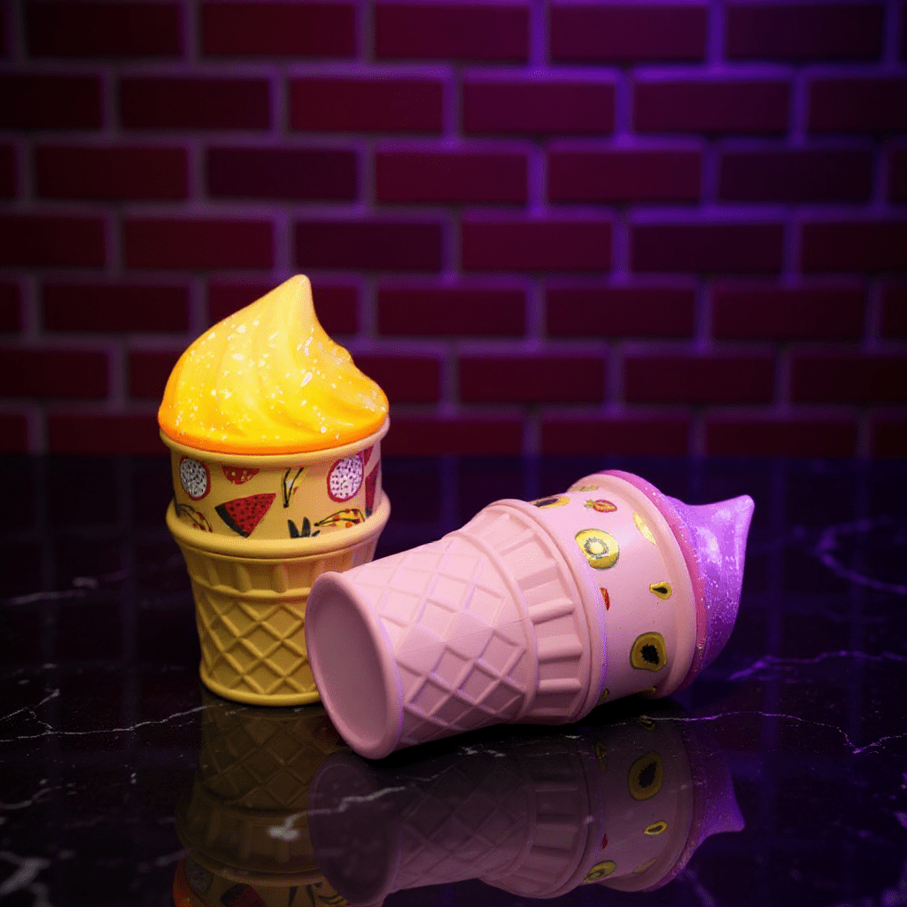 Two colorful ice cream cone-shaped herb grinders with a brick wall background.