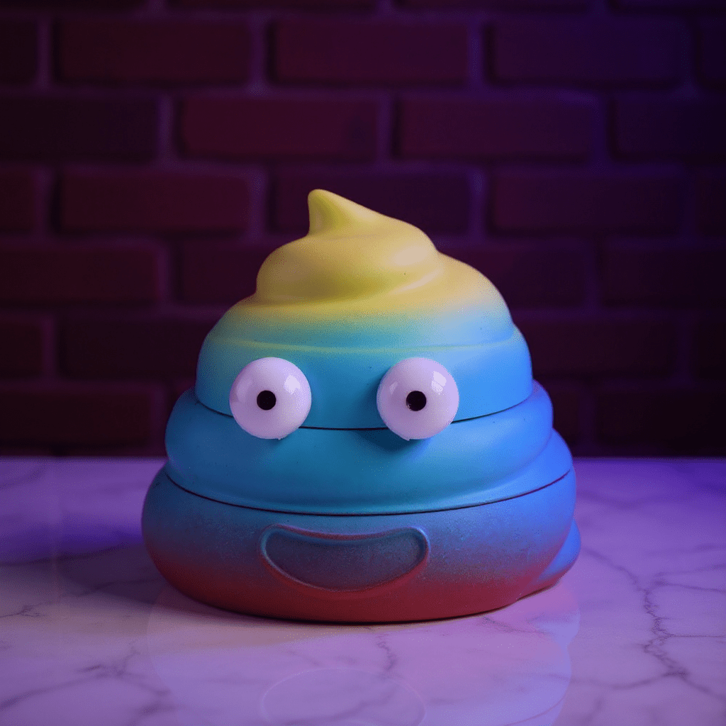 poop emoji shaped grinder - Sh*t Face Herb Grinderpoop emoji shaped grinderLight blue poop emoji grinder with a yellow gradient and wide eyes, placed on a reflective table.