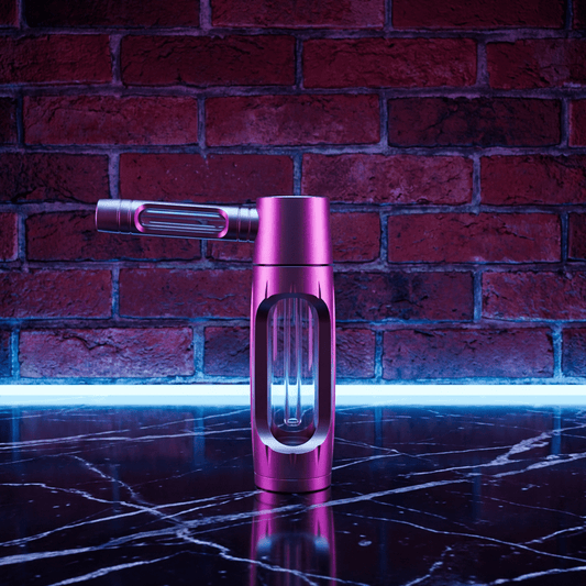 Heavy Duty Spill - Proof Water PipePink handheld pipe on a marble surface with a brick wall background