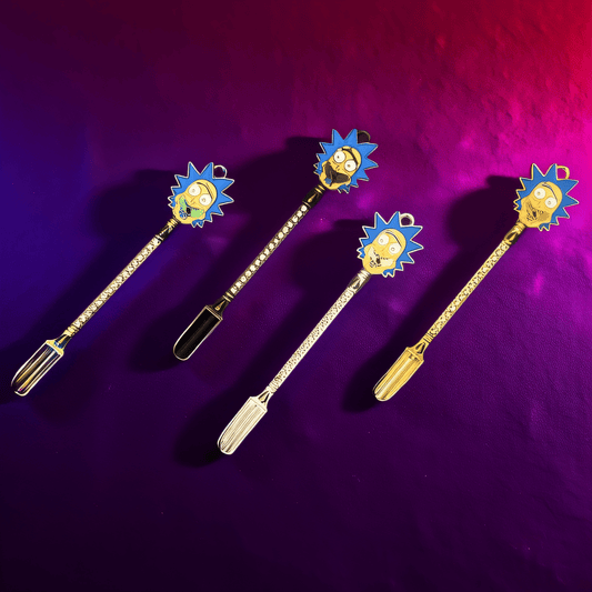 Portal Pal Dab Tool Set - Top - down view of 4 decorative herb shovels with enamel sci - fi faces – compact tools