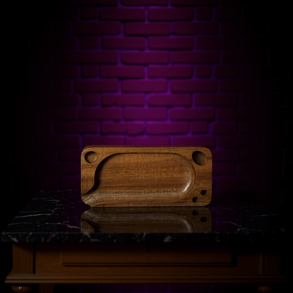 Premium Wooden Rolling Tray - Preset Tool for SmokingPremium Wooden Rolling Tray - Wooden cutting tray on a reflective surface with a dark brick wall background