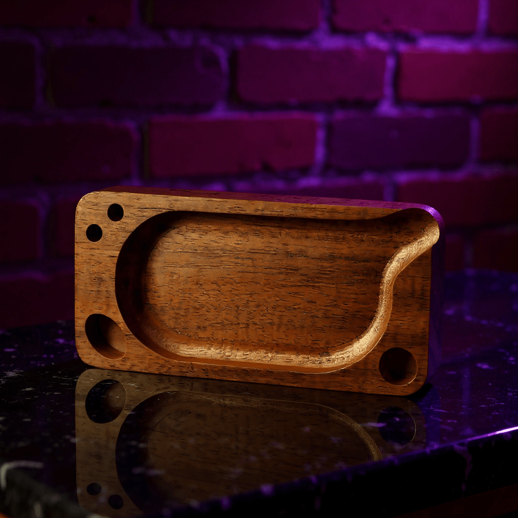 Premium Wooden Rolling Tray - Preset Tool for SmokingPremium Wooden Rolling Tray - Wooden tray on a reflective surface with a brick wall background