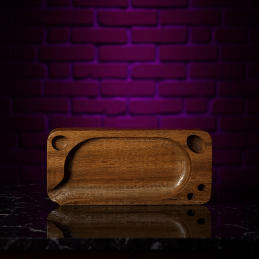 Premium Wooden Rolling Tray - Preset Tool for SmokingWooden cutting rolling tray on a reflective surface with a purple brick wall background