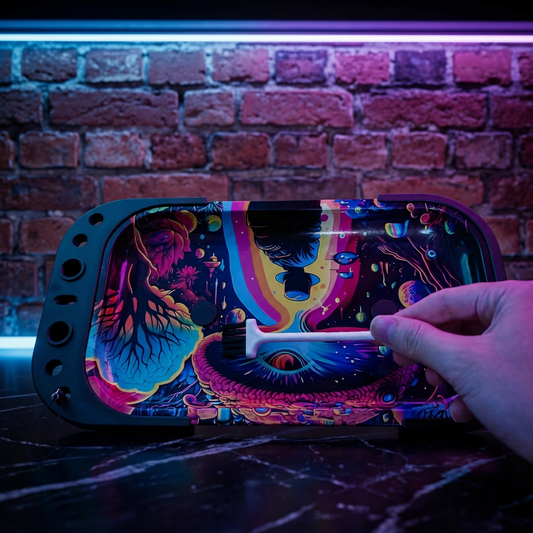 Trippy Cosmic Prep TableColorful rolling tray with abstract design held by a hand against a brick wall.