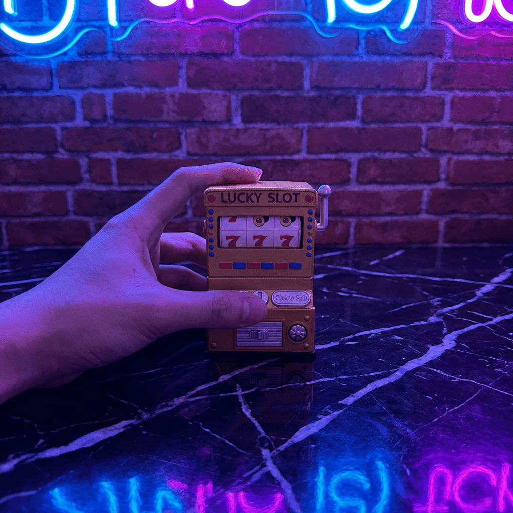 777 Jackpot Casino Novelty CrusherHand holding a small Lucky Slot grinder with neon lights in the background
