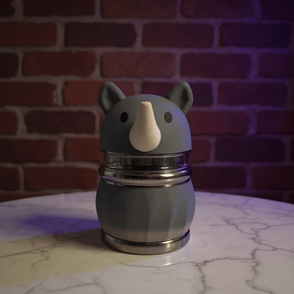 Rhino Buddy Herb Grinder – 4 - Layer Cute Spice & Herb Crusher4 - Layer Cute Spice & Herb CrusherMatte dark gray rhino - shaped herb grinder with upright ears and centered horn