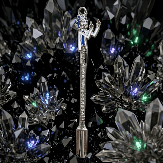 Rick and Morty Style Middle Finger Spoon – Rhinestone Festival ScoopDecorative spoon with a figurine on a black background with crystal - like decorations