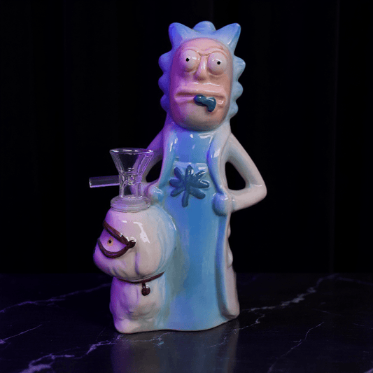 Rick Ceramic Bong – Funny Glazed Cartoon Smoking Water Pipe –Front view of Rick - themed ceramic bong