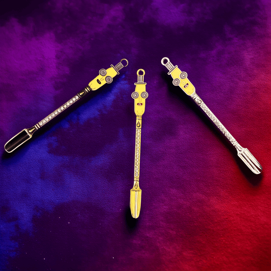 Robot Mini Spoon Set - Three mini herb shovels with fun yellow robot characters arranged in triangle