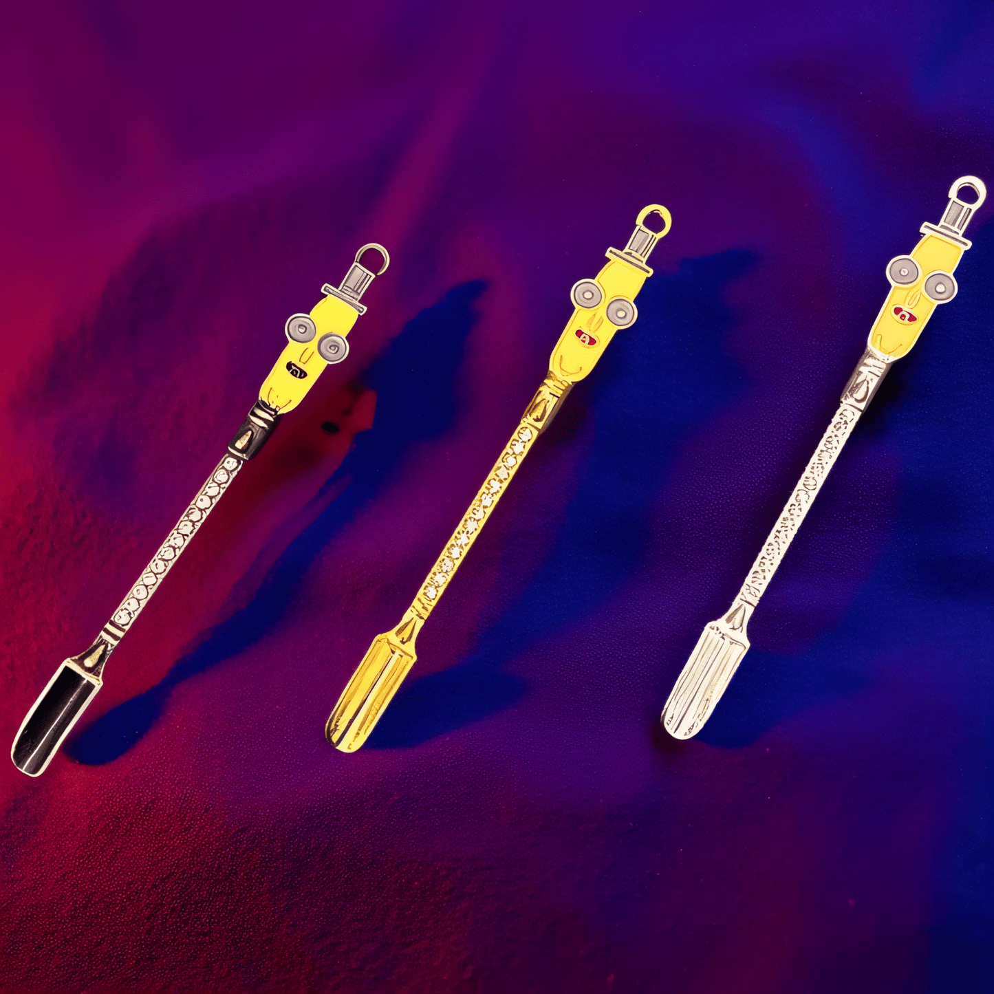 Robot Mini Spoon SetTrio of mini herb shovels with robot heads in gold, silver, and black finishes