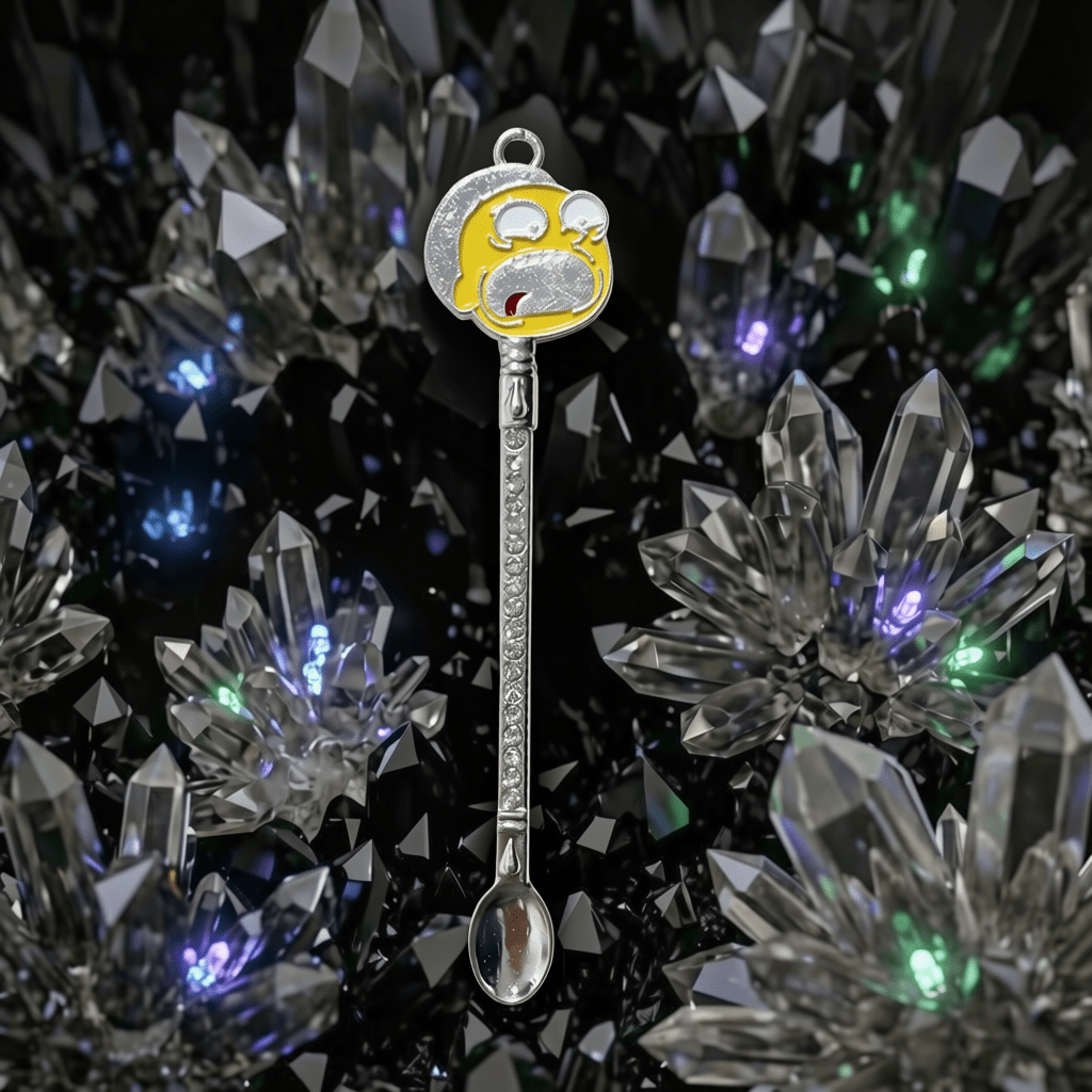 Sci - Fi Cartoon Mini Spoon – Rhinestone Festival Scoop & Dab ToolSpoon with a cartoon face character on top against a crystal background