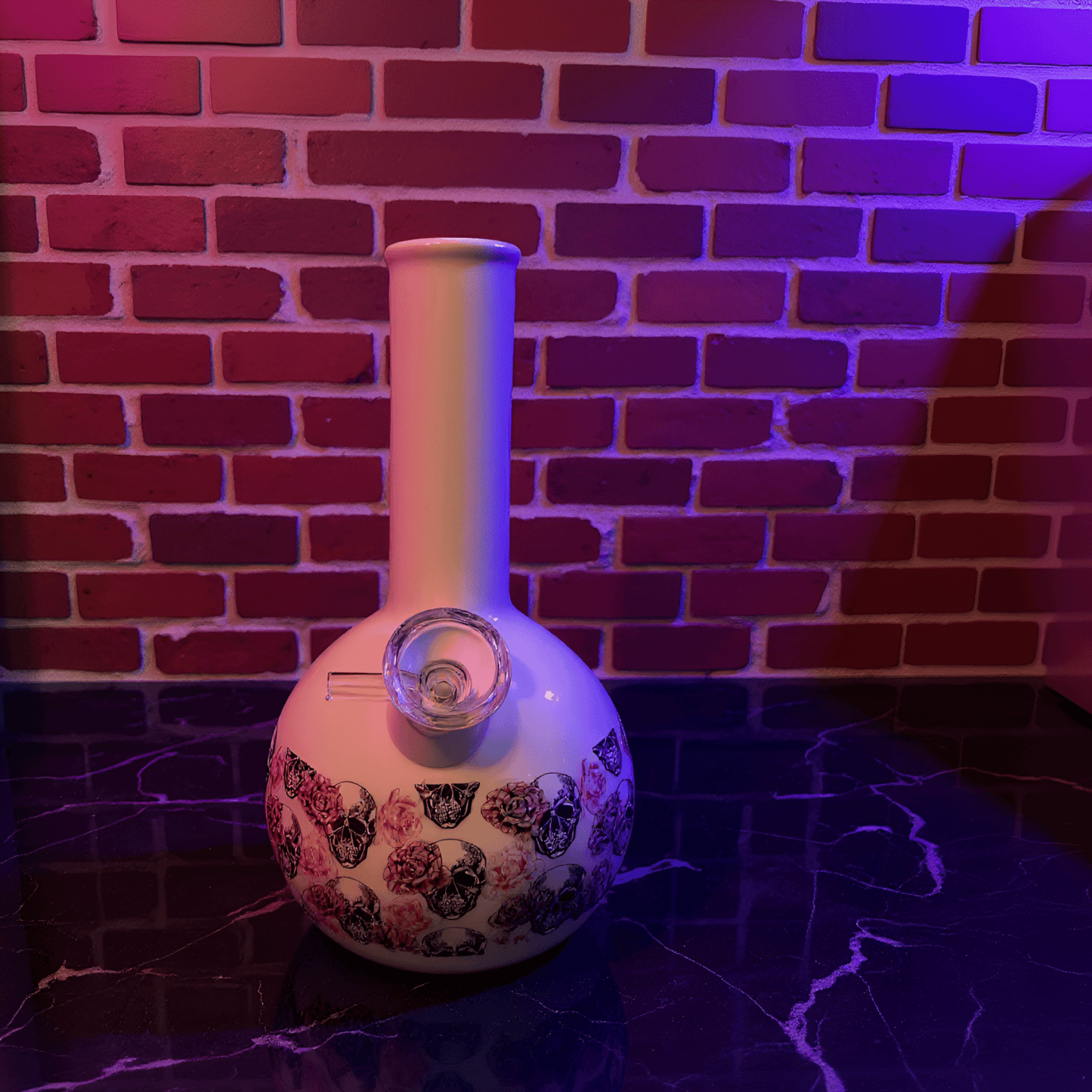 Skull & Roses Ceramic Bong – White Gothic Smoking Pipe with skulls and weed accessories