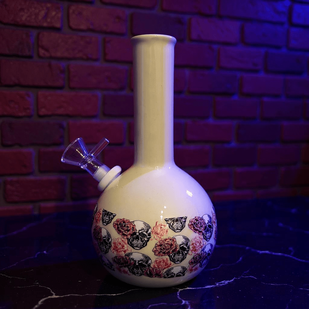 Skull & Roses Ceramic Bong – White Gothic Smoking Pipe - decorative glass bong with floral and skull design