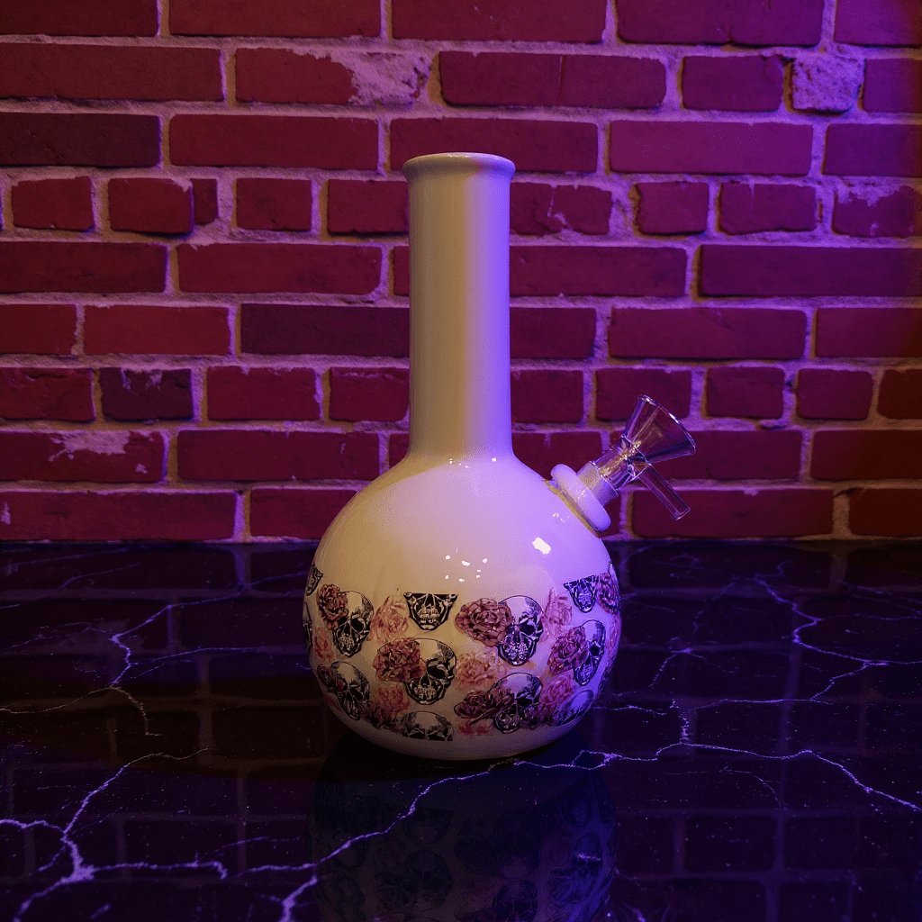 Skull & Roses Ceramic Bong – White Gothic Smoking Pipe - Decorative pipes for smoking herbs with floral patterns