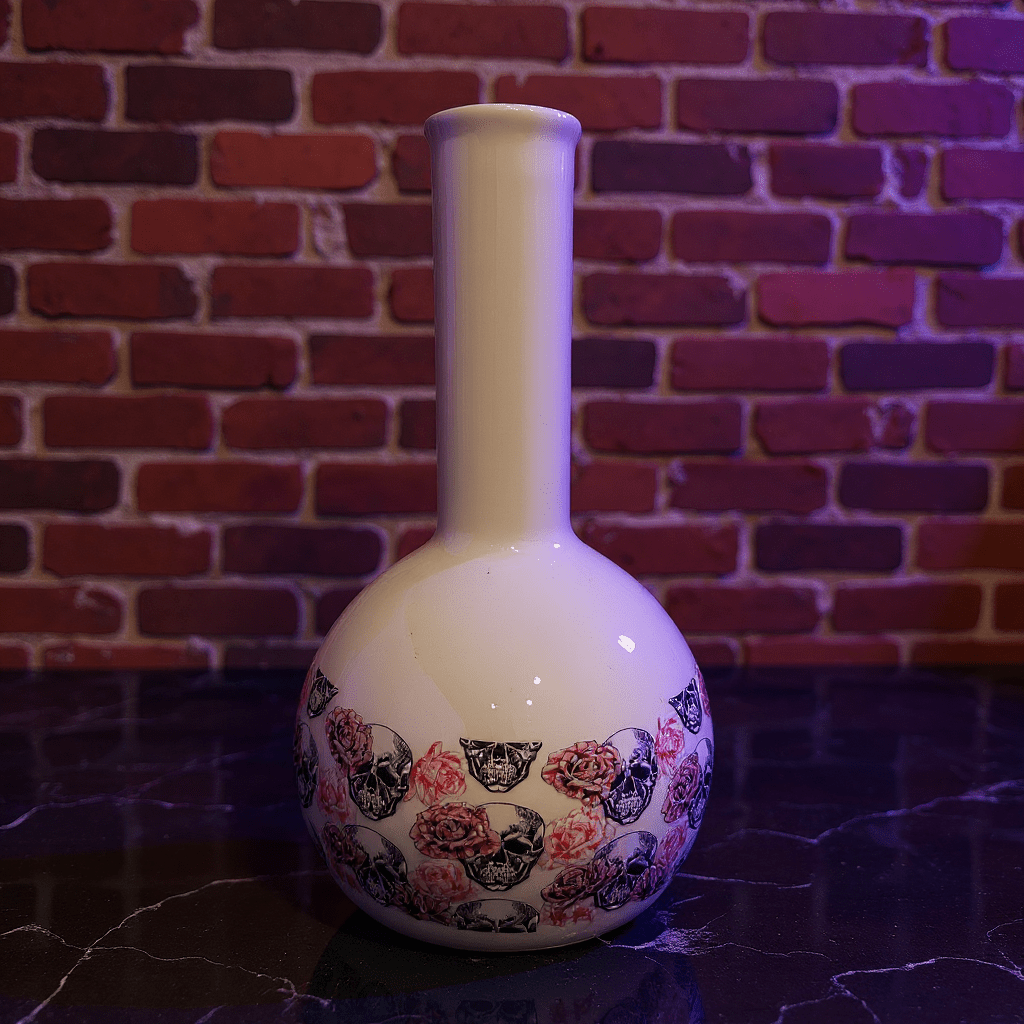 Skull & Roses Ceramic Bong – White Gothic Smoking Pipe white ceramic bong with detailed skull and pink rose