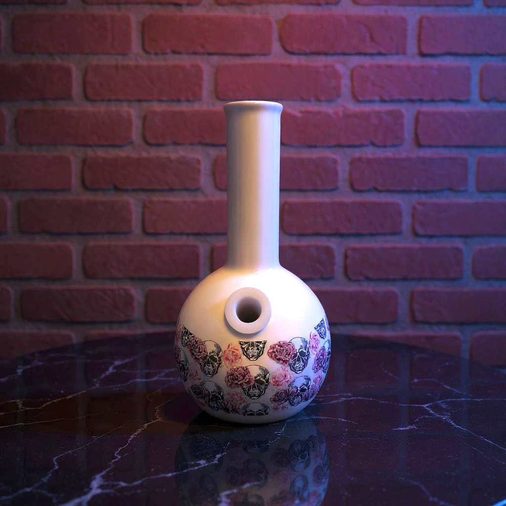 Skull & Roses Ceramic Bong – White Gothic Smoking Pipe best ceramic bong with black skulls and pink roses