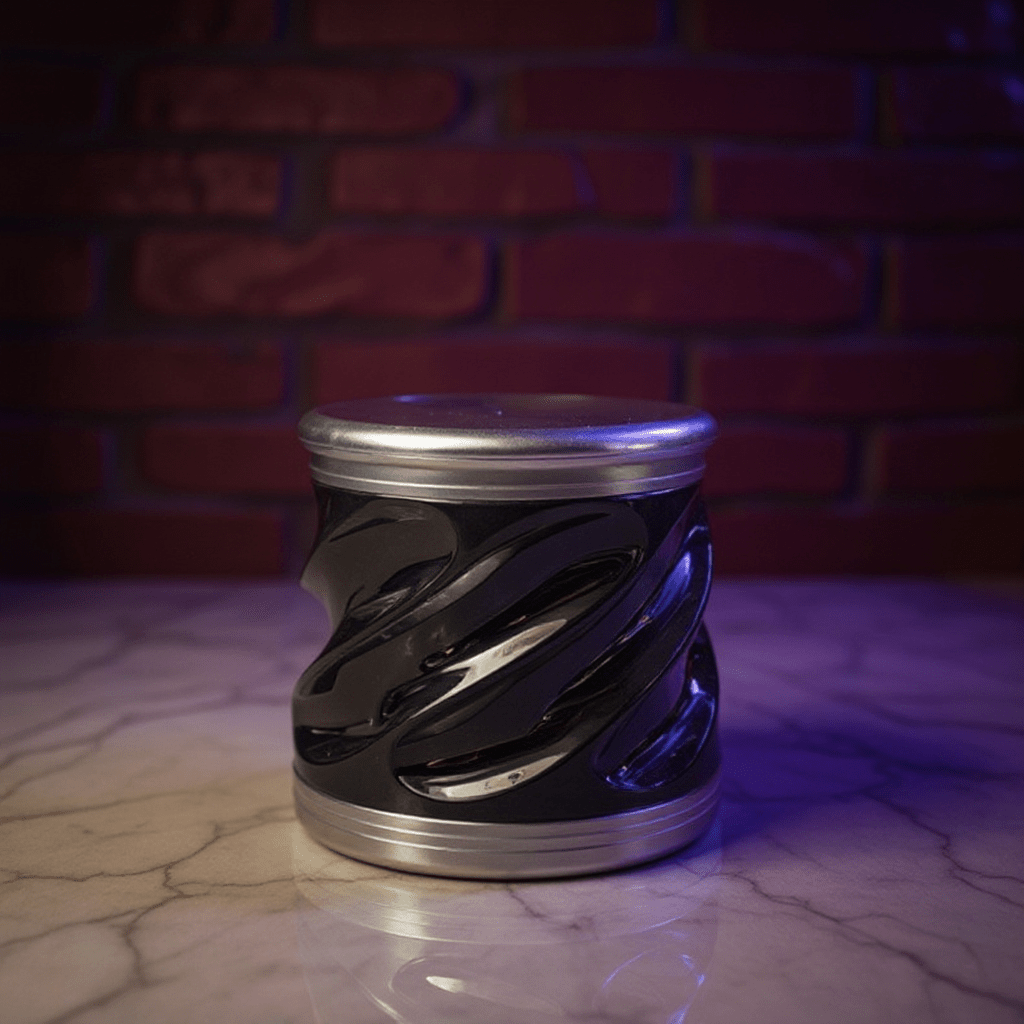 Spiral Grip Aluminum Herb Grinder - Black and silver tobacco grinder on a reflective surface with a brick wall background
