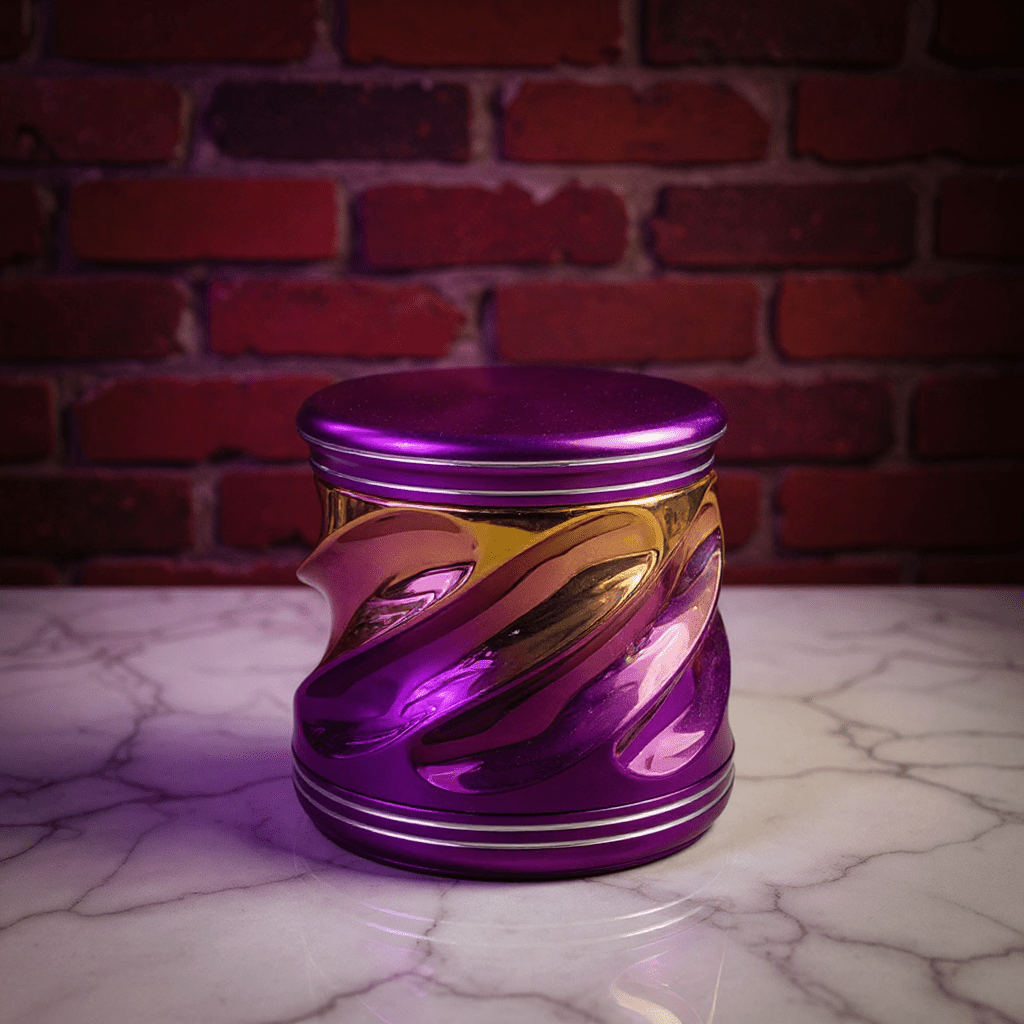 Spiral Grip Aluminum Herb Grinder - Purple and gold metallic tobacco on a marble surface with a brick wall background