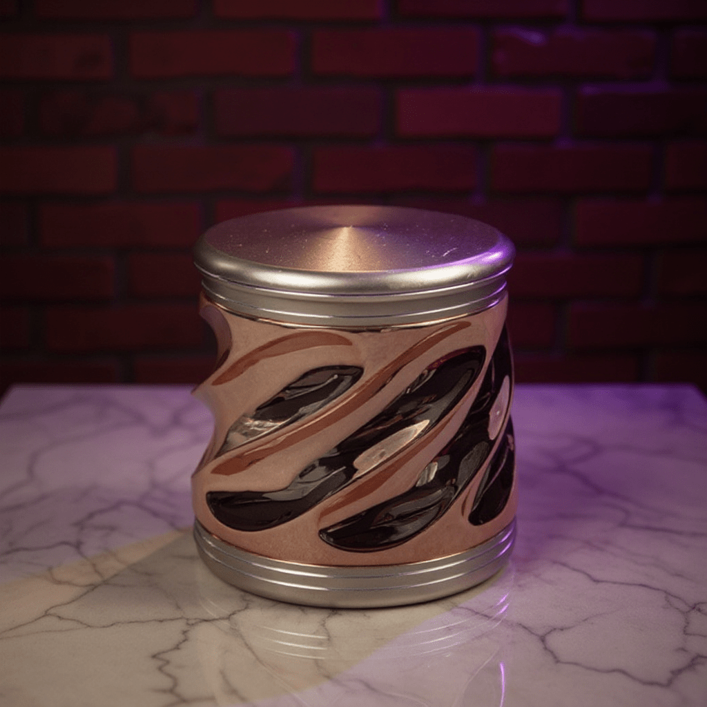 Spiral Grip Aluminum Herb Grinder - Metallic cylindrical herb grinder with a swirling design on a marble surface