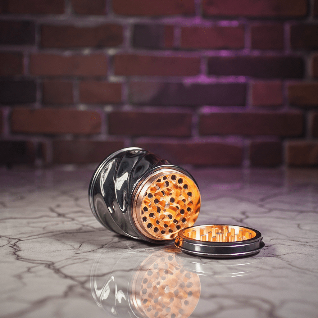 Spiral Grip Aluminum Herb Grinder - Metallic grinder with open top on a reflective surface in front of a brick wall.