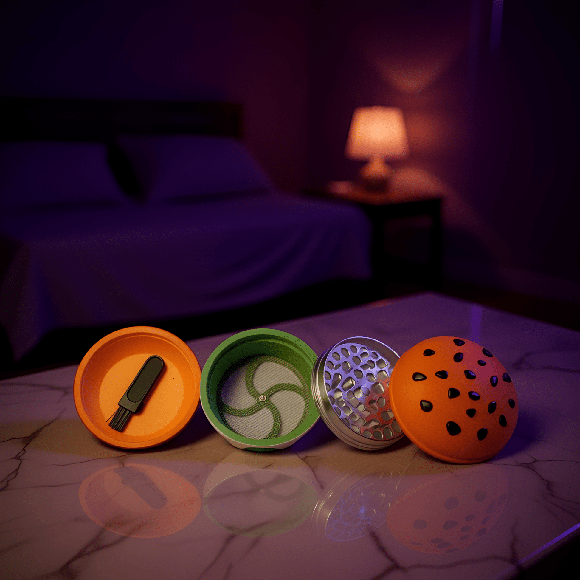 Stacked Burger Herb Grinder - Four - piece burger grinder disassembled, showing sifter and scraper on bedroom table.