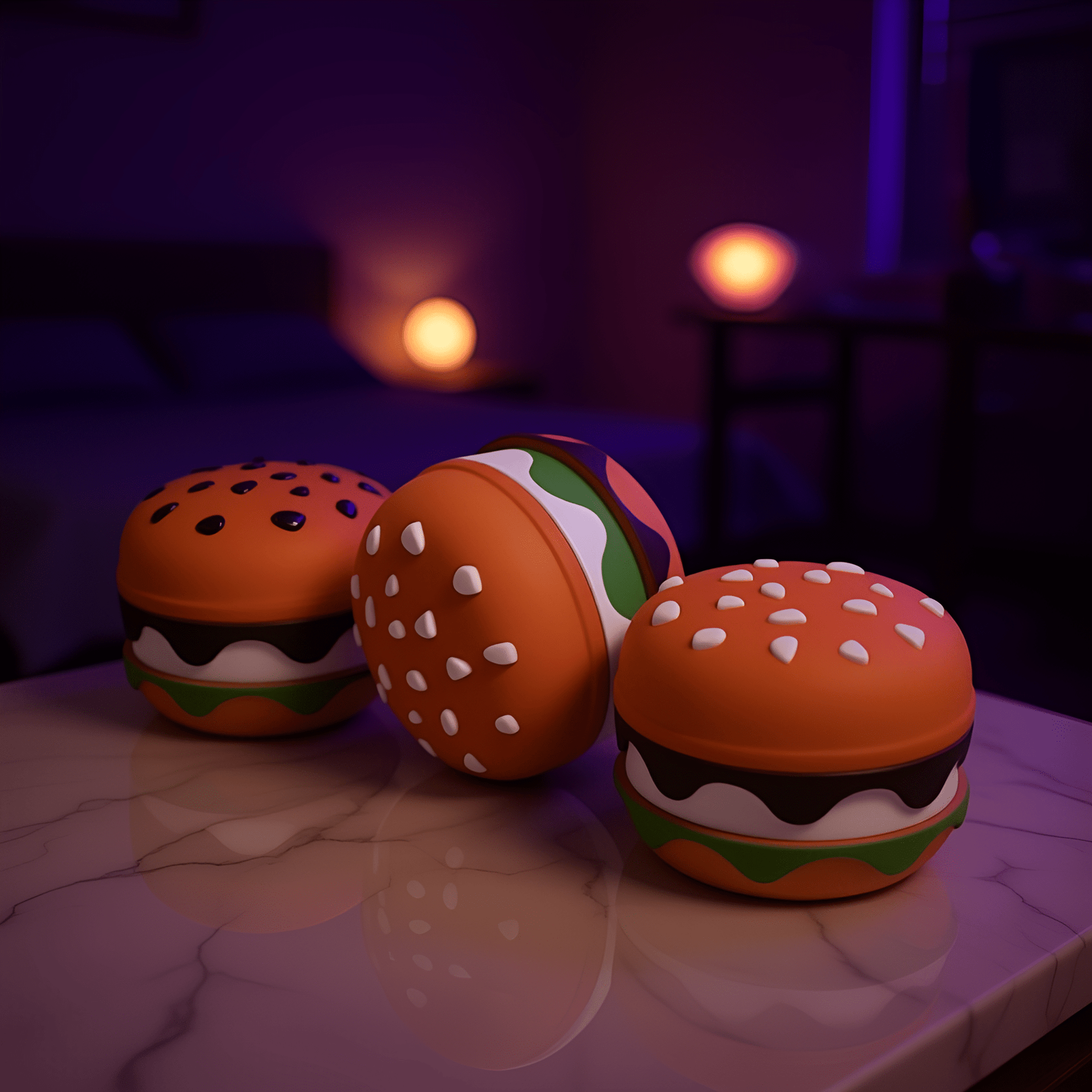 Stacked Burger Herb Grinder - Three burger herb grinders with different sesame seed styles displayed on a purple bedspread.