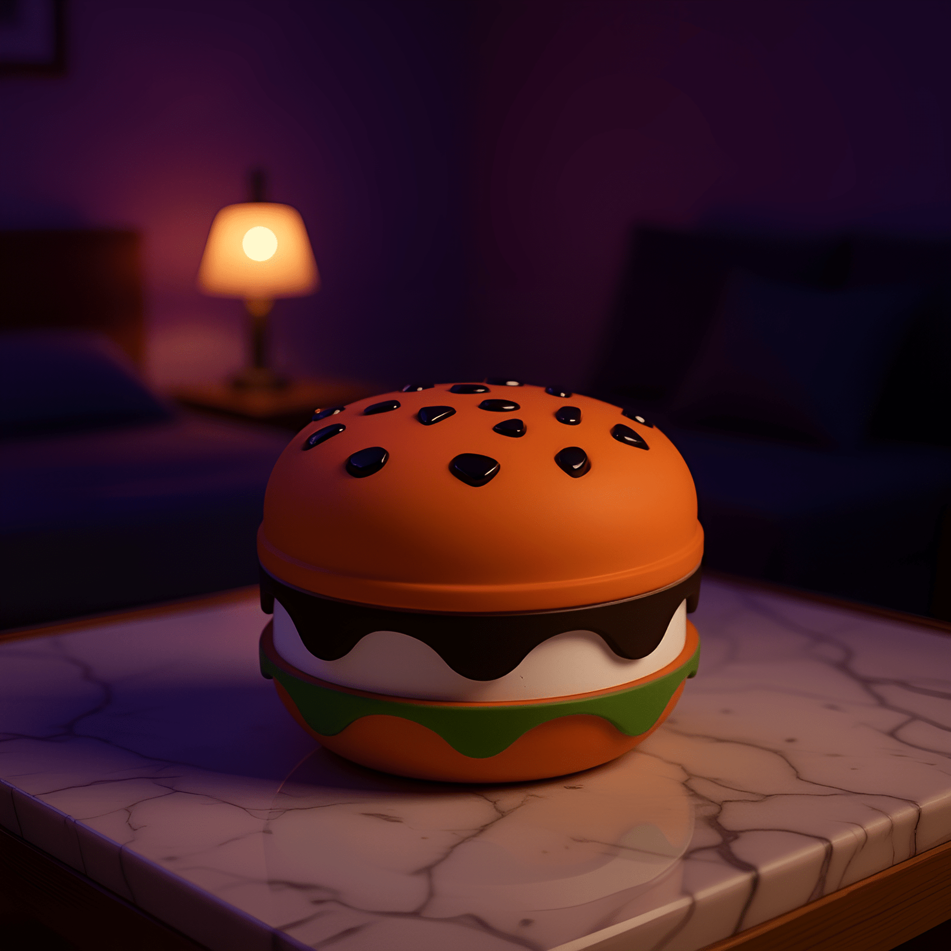 Stacked Burger Herb Grinder - Orange burger - shaped weed grinder with black sesame seed details on a dark wood nightstand.