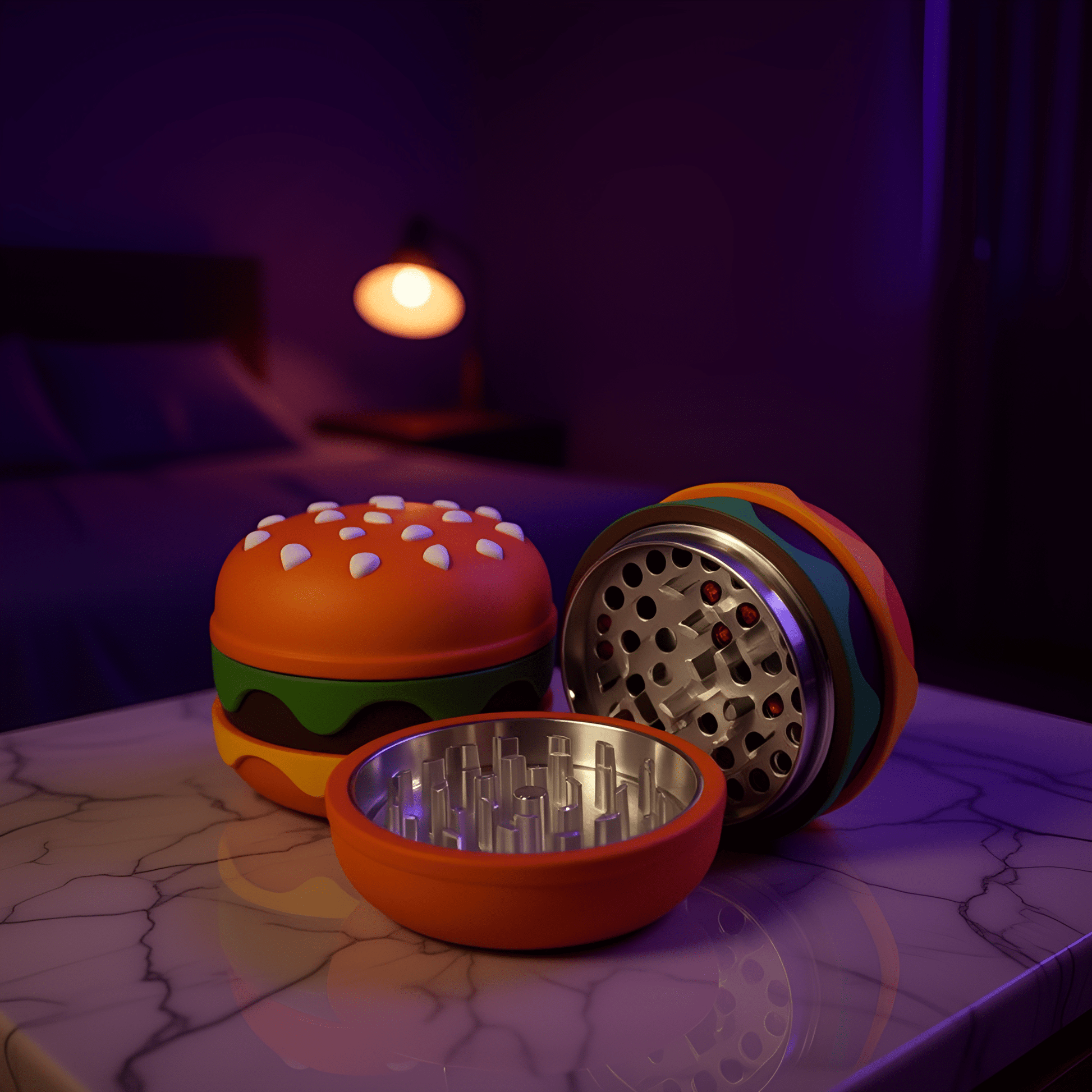 Stacked Burger Herb Grinder - Two burger grinders with grinding teeth visible, styled as fast food toys.