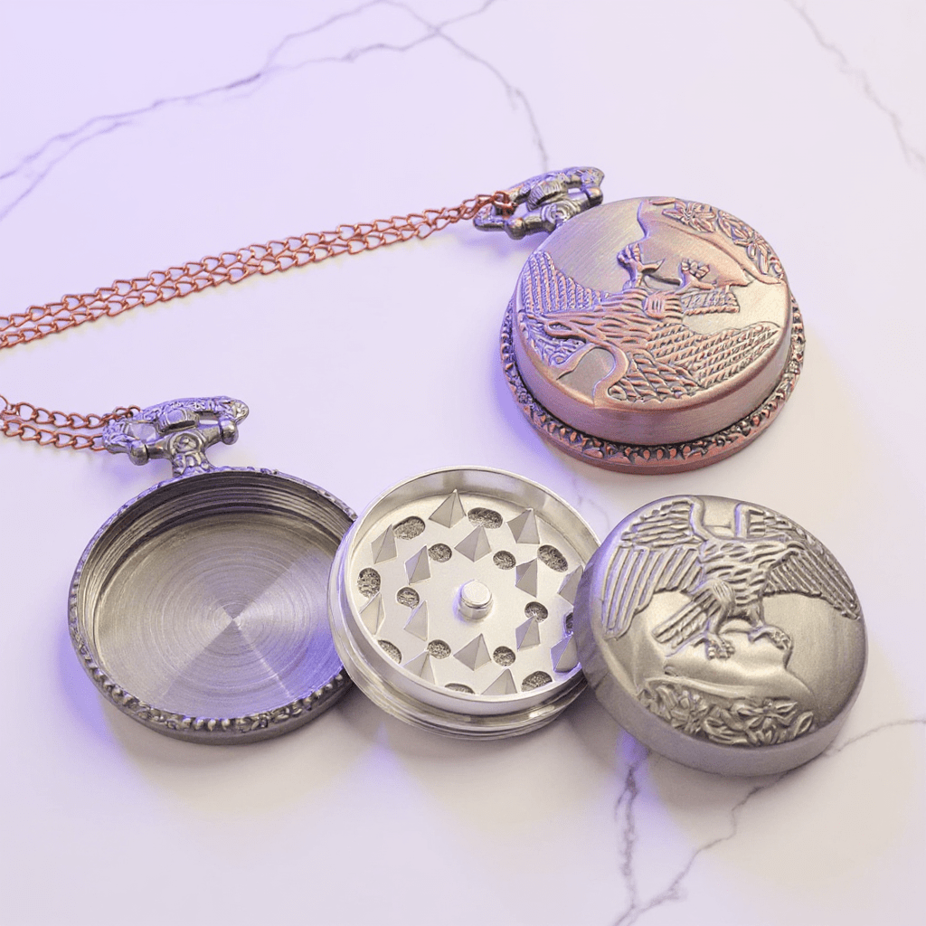 Stealth Pocket Watch Herb Grinder NecklaceStealth Pocket Watch Herb Grinder Necklace