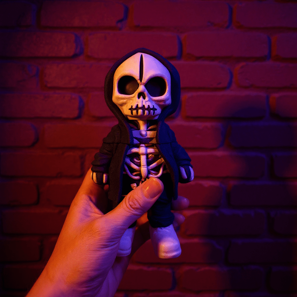 Streetwear Hoodie Skeleton Grinder – Urban Skull CrusherCool skeleton grinder held in front of a brick wall with red lighting