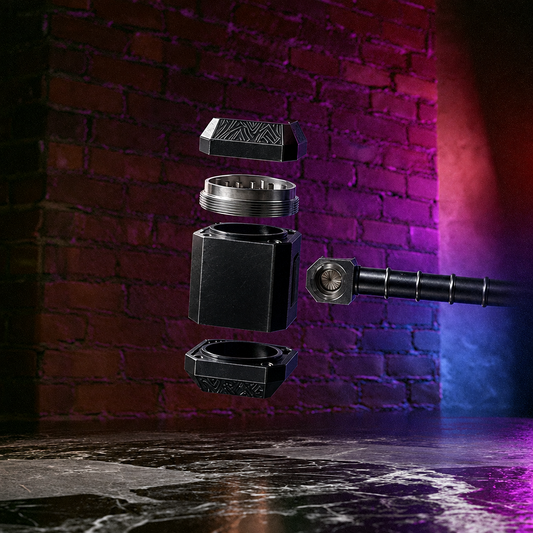 A black metal cylindrical container or grinder shown disassembled into floating components, with a matching black handle extending from the right. The background is a stylized brick wall lit with purple and blue neon lighting.