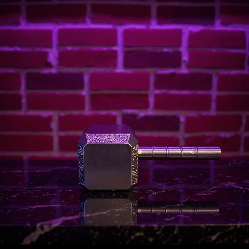 Thor Hammer Shape Grinder – 4 - Part Metal GrinderSilver hammer grinder with purple accents on a reflective surface against a brick wall.