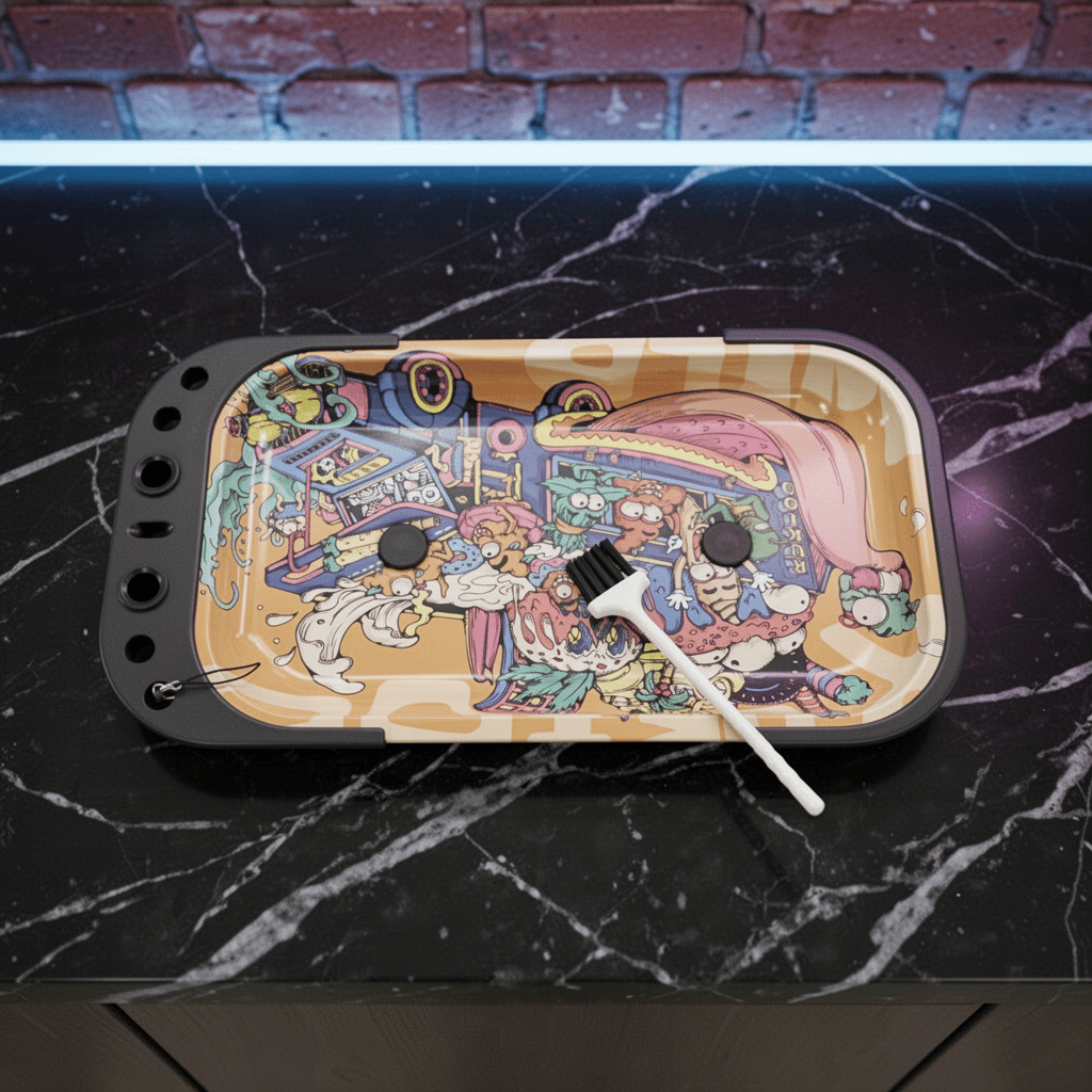 Trippy Cartoon Elevated Rolling Tray Station – Pop Art Mini Prep TableColorful rolling tray design on a black marble surface with a brush.