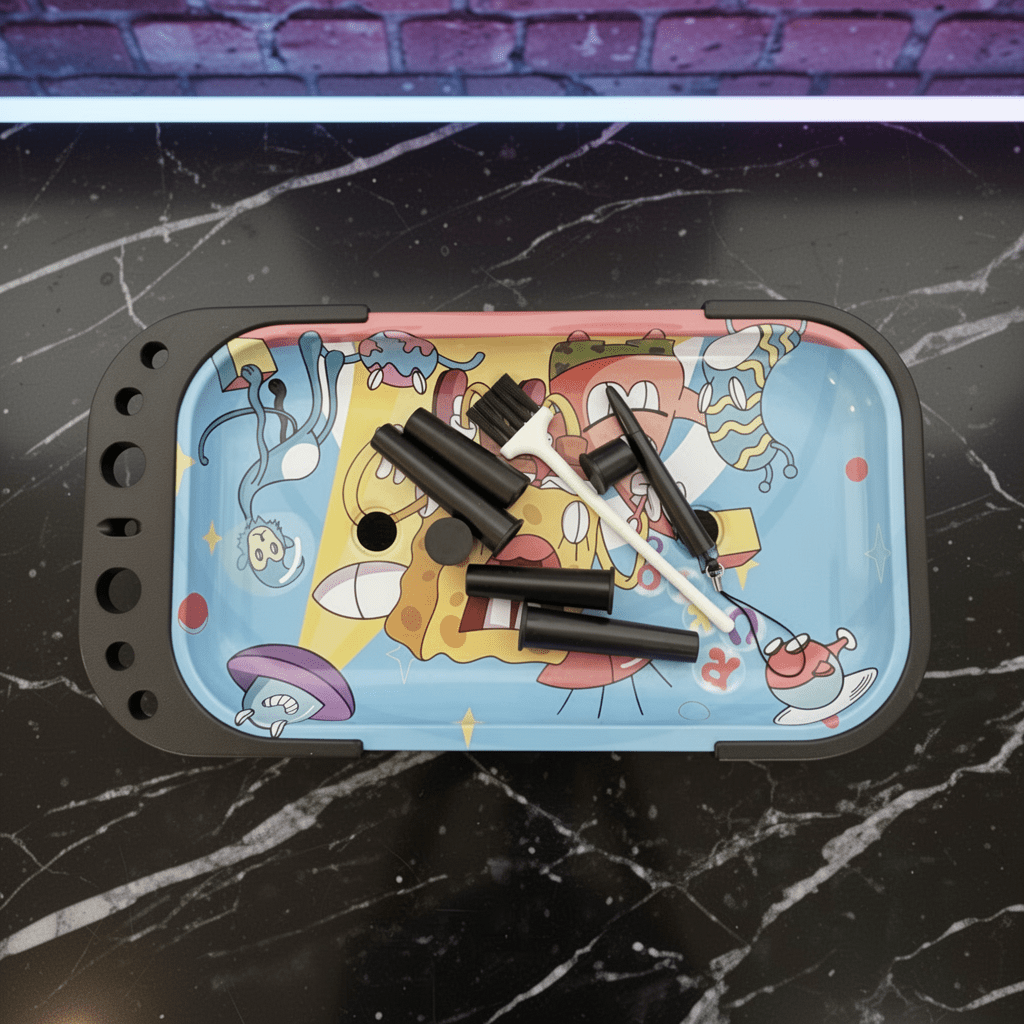 Trippy Sponge Parody Rolling Tray Station – Nostalgic Cartoon Prep TableCartoon - themed rolling tray with black cylindrical objects on a dark surface