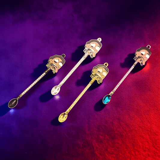 Zoned Out Mini Spoon SetClose - up of 4 mini herb spoons with expressive cartoon faces and gemstone scoops – designed for dry herbs, tobacco, or spice mix