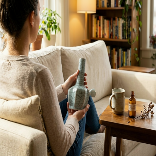 A Lady Holding a porcelain bong 