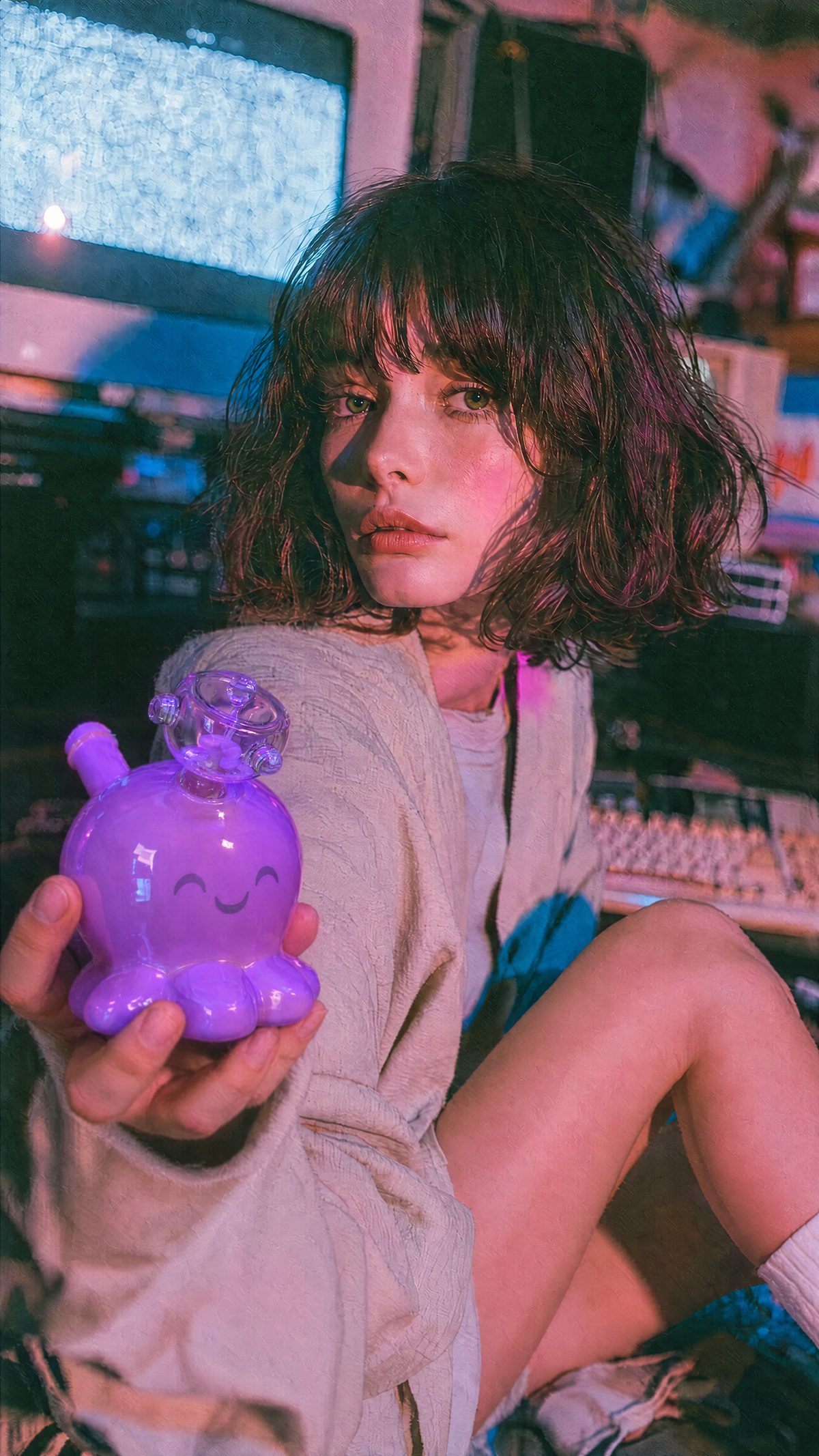 A person in a cozy room holding a small purple cartoon-shaped glass bottle or perfume bottle, with warm and cool colored lighting, a TV, and audio equipment in the background.